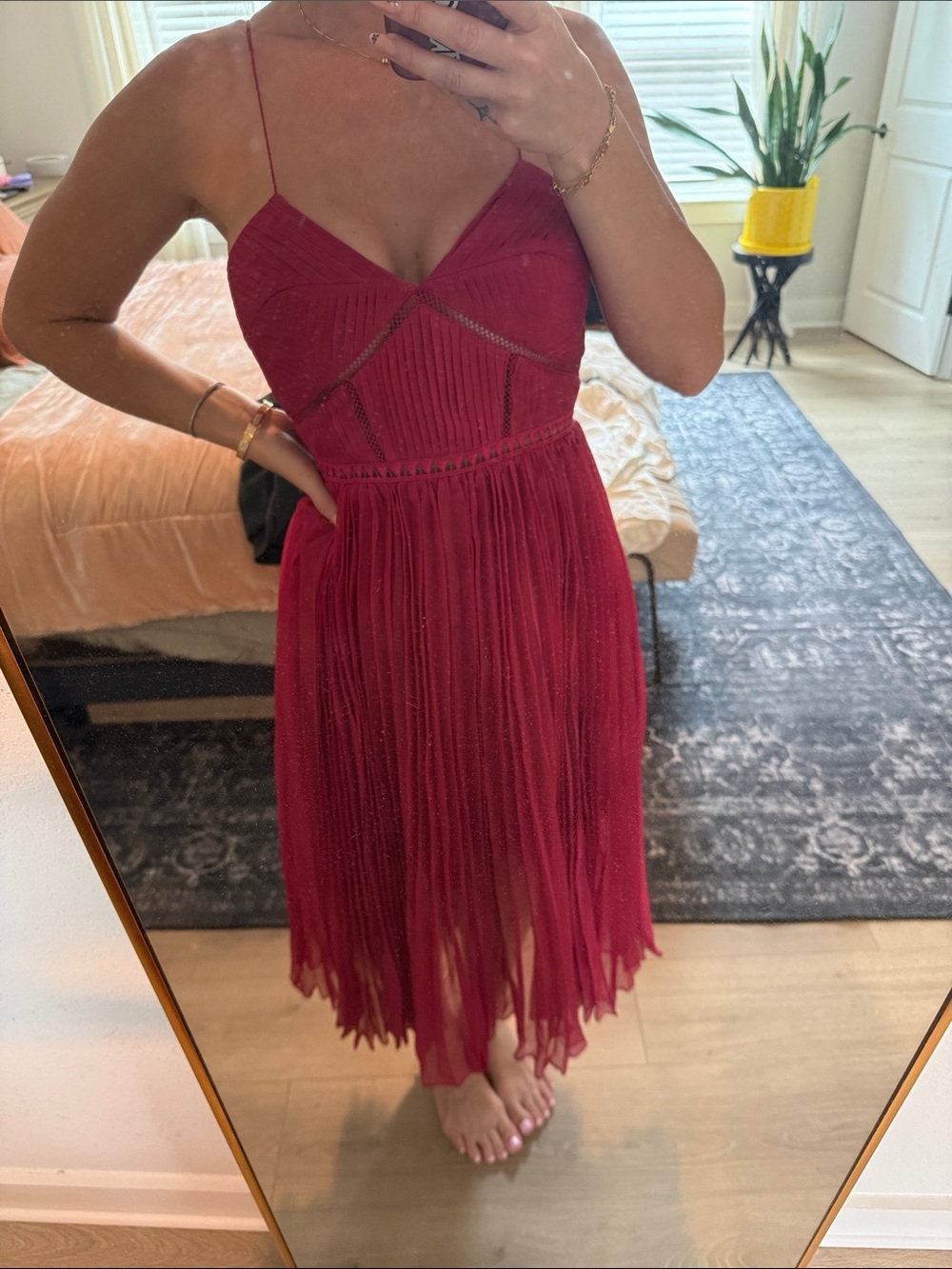 Self-Portrait Burgundy Pleated Spaghetti-Strap Midi Dress